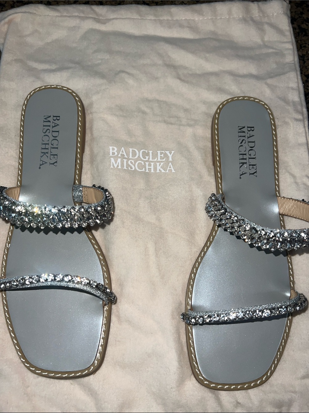 Badgley Mischka Silver Crystal Double-Strap Slide Sandals